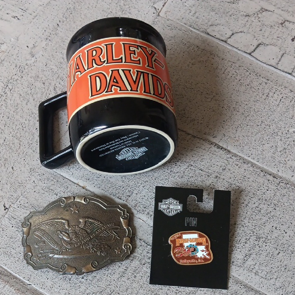 Harley-Davidson Black and Orange Mug with Logo + Pin + 2A Brass Buckle